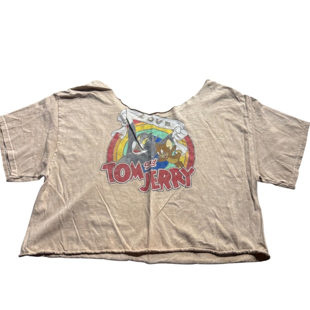 Tom & Jerry Women's Beige Graphic Tee Short Sleeve Crop Top S/XL Y2k Retro